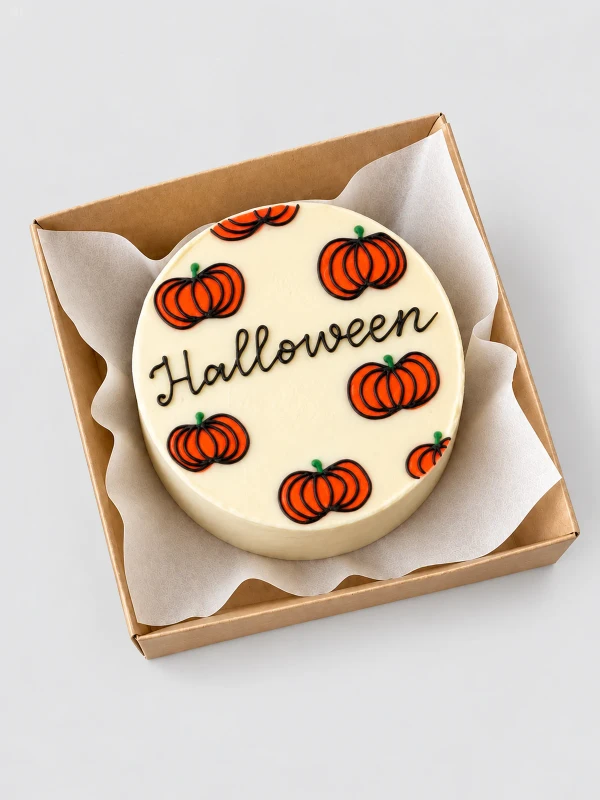 Бенто - торт "Halloween" — Бенто-торт «Halloween» — светлый праздничный десерт с оранжевыми тыквами и каллиграфической надписью…